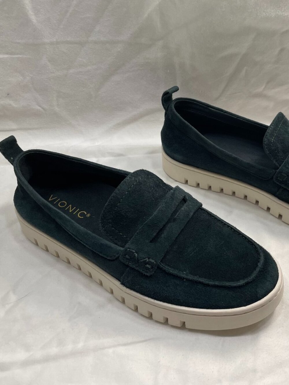 Vionic Dark Green Suede Penny Loafers with Cream Platform Sole